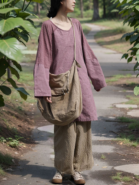 Camisa de lino con cuello redondo y color puro para mujer de primavera