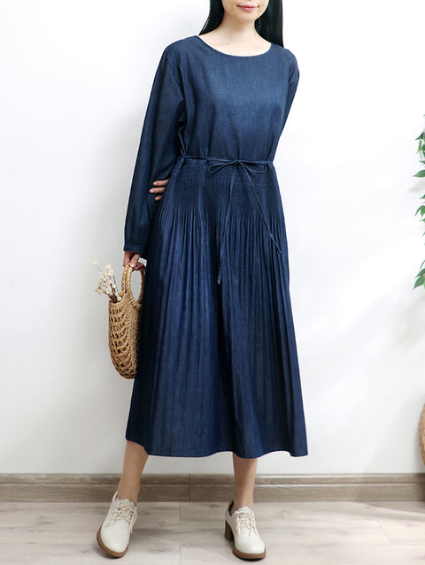 Women Autumn Artsy A-Shape O-Neck Denim Dress