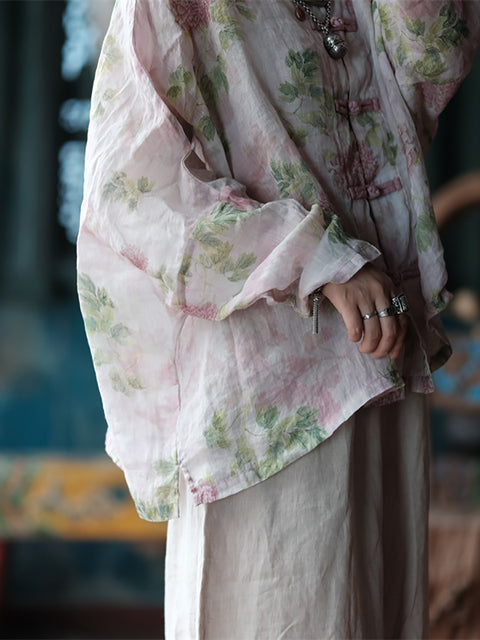 Women Ethnic Spring Flower Stand Collar Linen Shirt