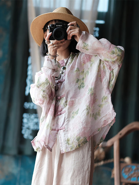 Camisa de lino con cuello alto y estampado étnico de flores para mujer