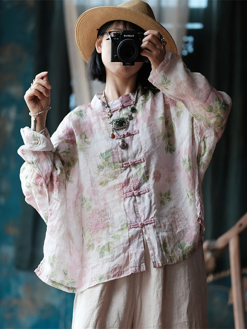 Camisa de lino con cuello alto y estampado étnico de flores para mujer