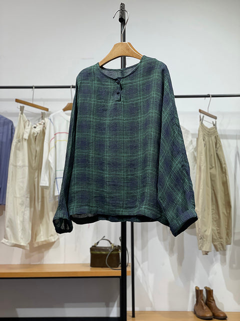 Women Spring Plaid O-Neck Linen Shirt