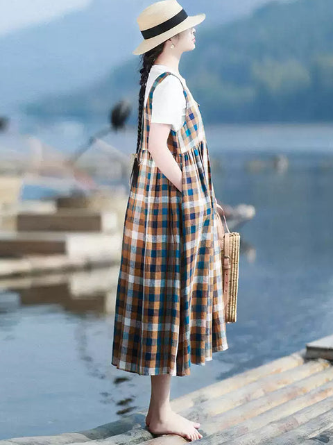 Vestido tipo chaleco de lino 100 % con cuadros artísticos para mujer de primavera