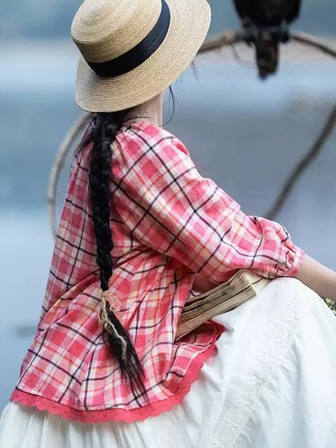 Camisa de algodón con cuello redondo y encaje a cuadros para mujer