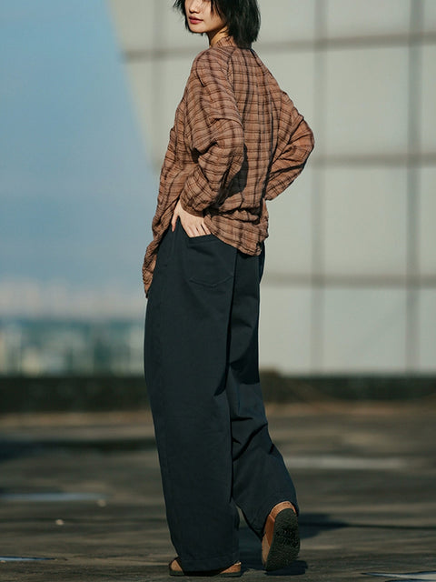 Camisa de algodón con cuello vuelto y cuadros escoceses para mujer