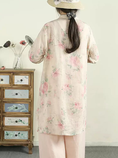 Camisa de ramio con cuello alto y flores de primavera étnicas para mujer