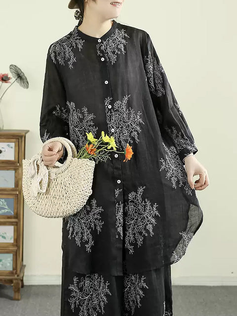 Women Artsy Spring Flower Stand Collar Shirt