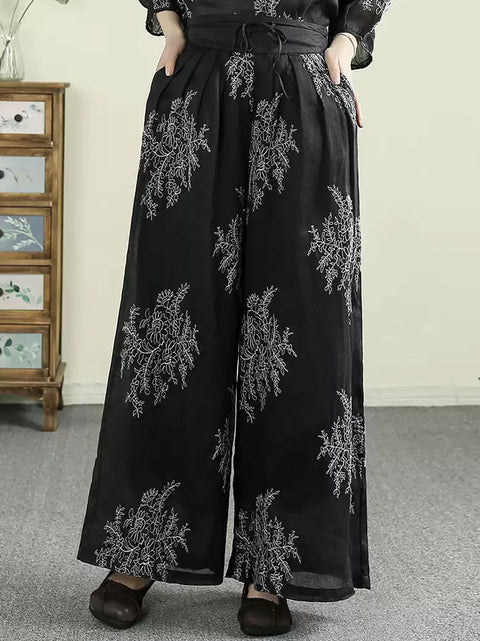 Women Spring Artsy Flower Ramie Wide-leg Pants