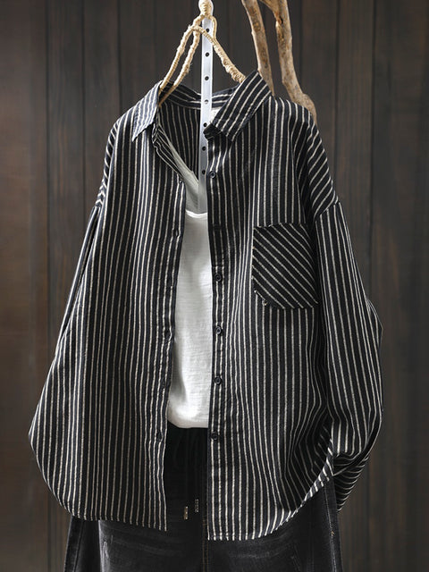 Women Spring 100%Cotton Stripe Turn-down Collar Shirt