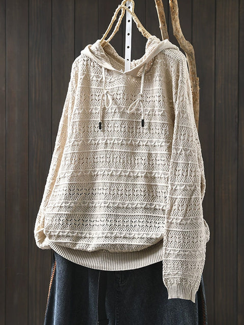 Women Spring Artsy Knit Cotton Hooded Shirt