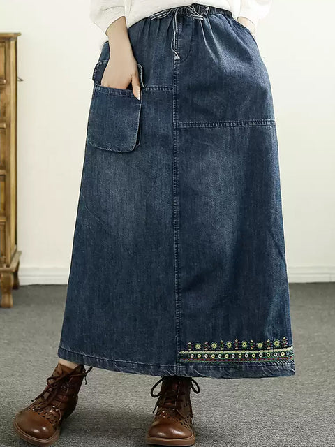 Women Spring Retro Embroidery A-Shape Denim Skirt