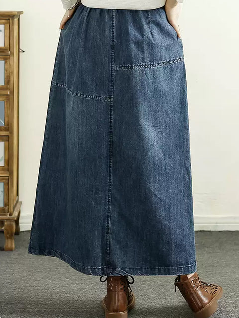 Women Spring Retro Embroidery A-Shape Denim Skirt