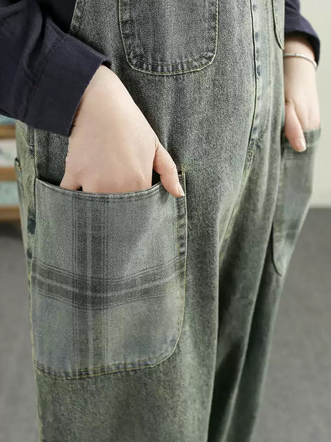 Women Spring Artsy Plaid Denim Spliced Loose Jumpsuits