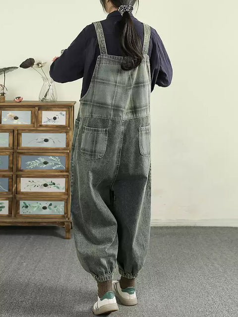 Women Spring Artsy Plaid Denim Spliced Loose Jumpsuits