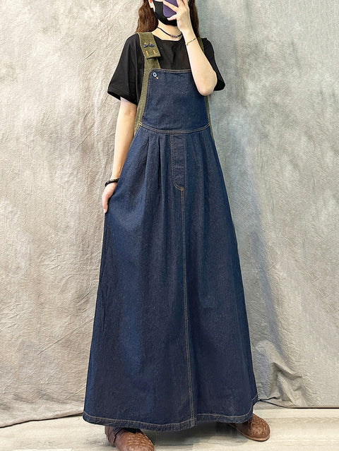 Women Summer Denim Spliced Long Suspenders Dress