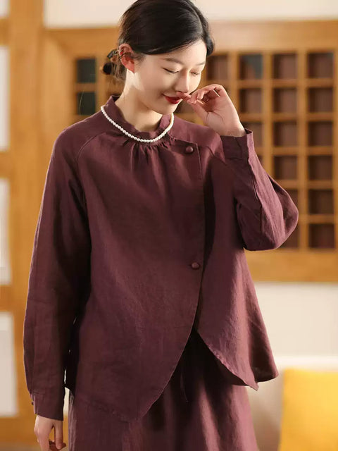 Women Spring Vintage Irregular Hem Pure Color Shirt