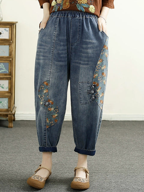 Women Spring Artsy Denim Flower Print Harem Pants