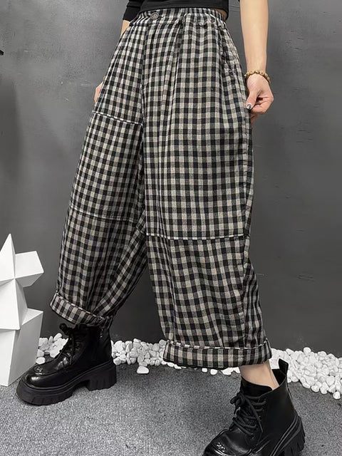 Women Vinage Spring Plaid Harem Pants