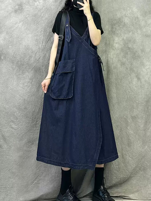 Women Vintage Spring V-Neck Denim Suspender Dress