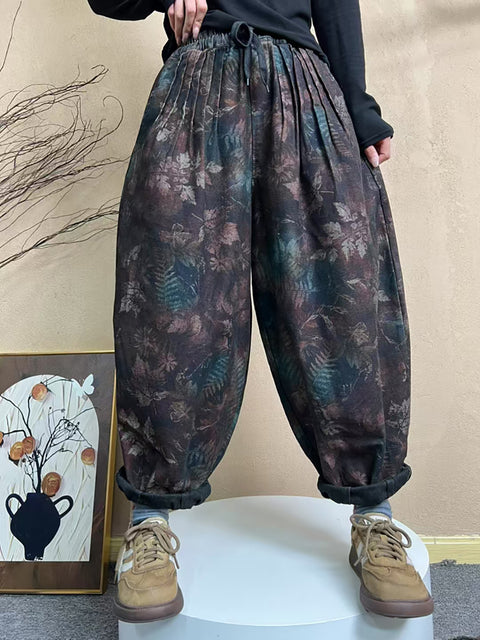 Pantalones harén con cintura fruncida y diseño artístico de flores para mujer