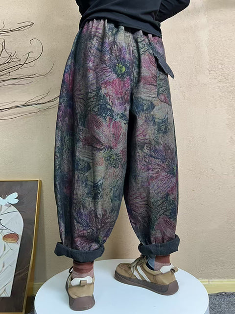 Pantalones harén con cintura fruncida y diseño artístico de flores para mujer