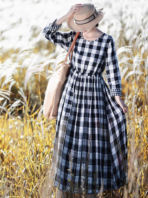 Women Spring Vintage Lattice Strap Waist Dress