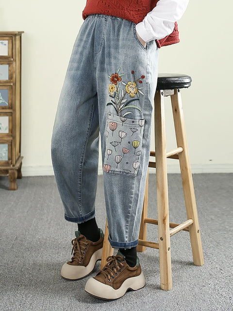 Women Casual Flower Embroidery Denim Harem Pants