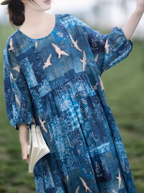 Women Vintage Summer Print Ramie Loose Dress