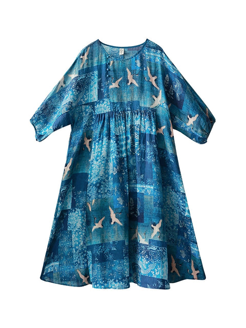 Women Vintage Summer Print Ramie Loose Dress