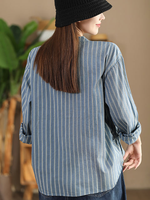 Women Vintage Spring Stripe Cotton V-Neck Shirt