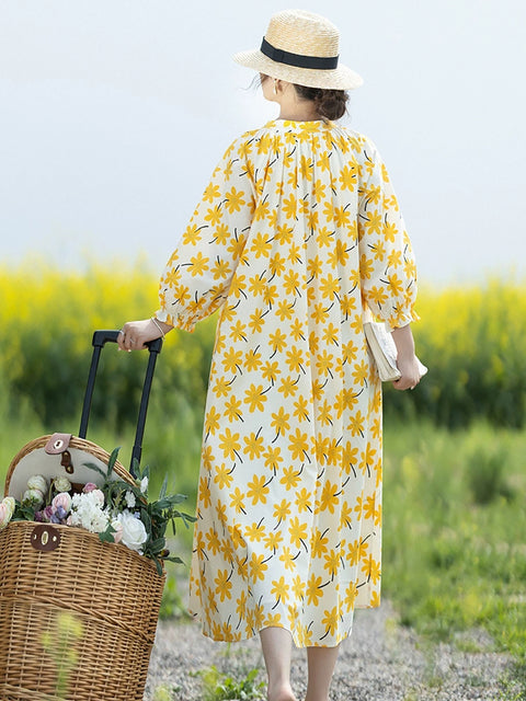 Vestido holgado vintage con cuello alto y flores de primavera para mujer