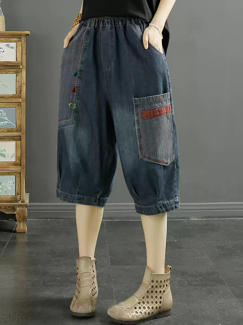 Women Retro Patch Spliced Denim Harem Middle  Pants