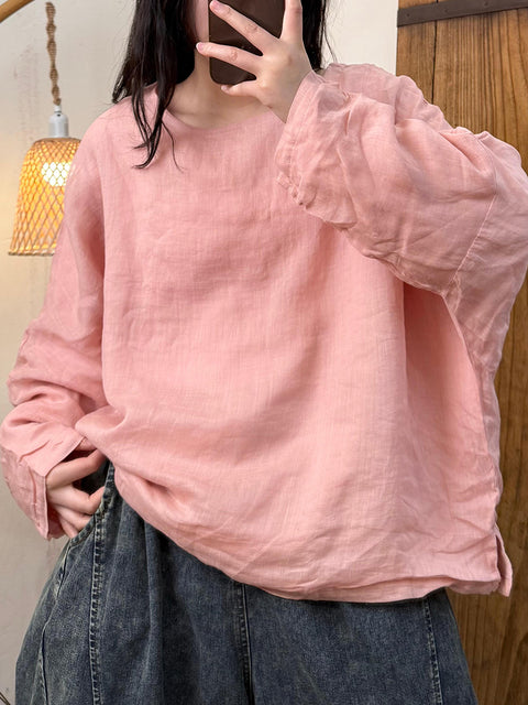 Women Artsy Spring Pure Color Ramie O-Neck Shirt