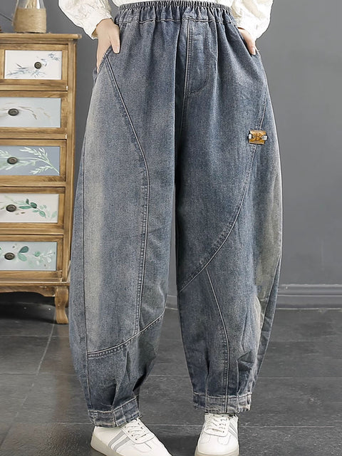 Women Casual Pure Color Denim Spliced Harem Pants