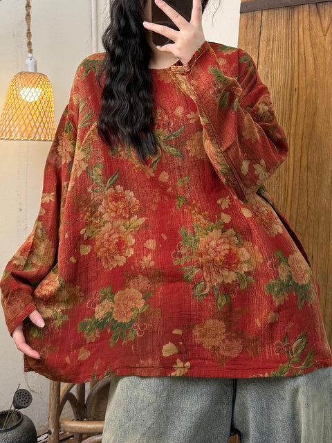 Women Spring Flower Cotton O-Neck Loose Shirt