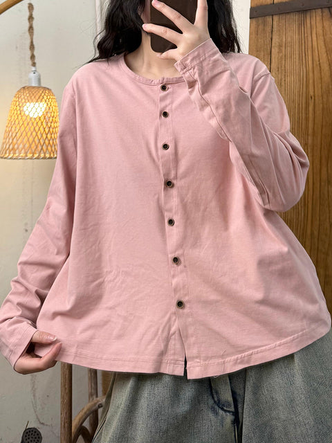 Women Casual Spring Pure Color O-Neck Blouse