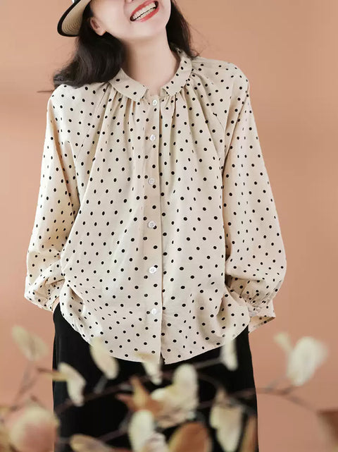 Camisa de mujer con cuello vuelto 100 % algodón y lunares de primavera