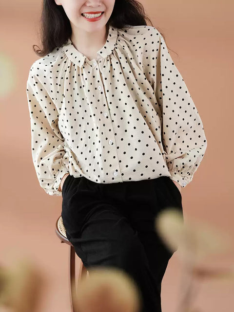 Camisa de mujer con cuello vuelto 100 % algodón y lunares de primavera