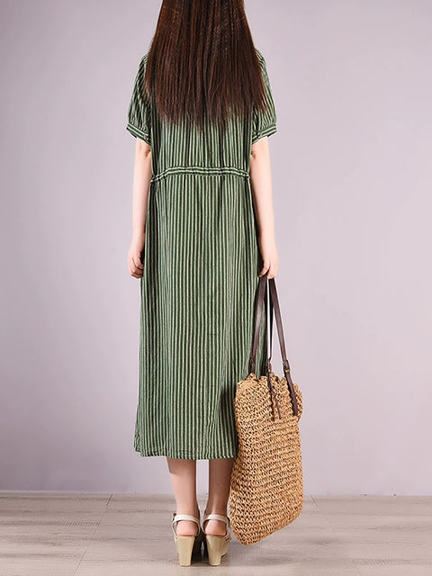 Women Summer Artsy Stripe Strand Collar Linen Dress