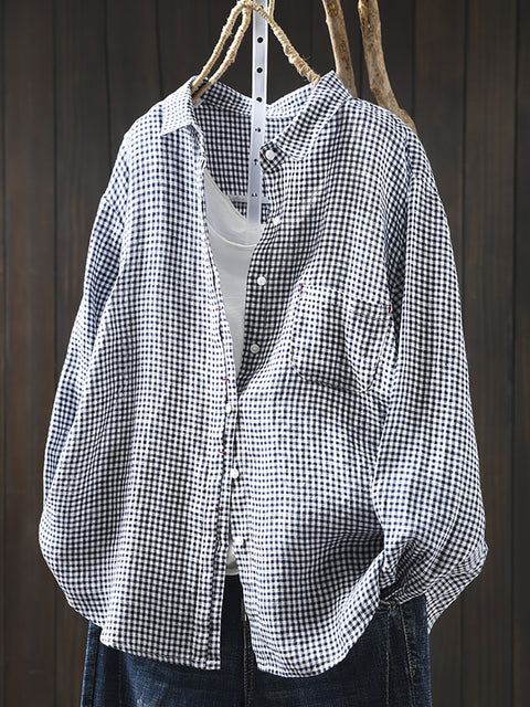 Women Artsy Lattice 100%Linen Turn-down Collar Shirt