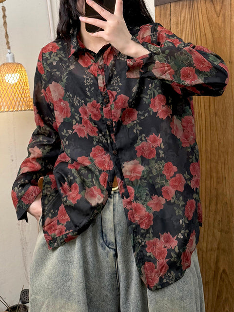 Women Spring Artsy Turn-down Collar Flower Shirt