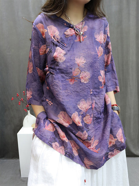 Camisa vintage de mujer con escote en V 100 % ramio de primavera