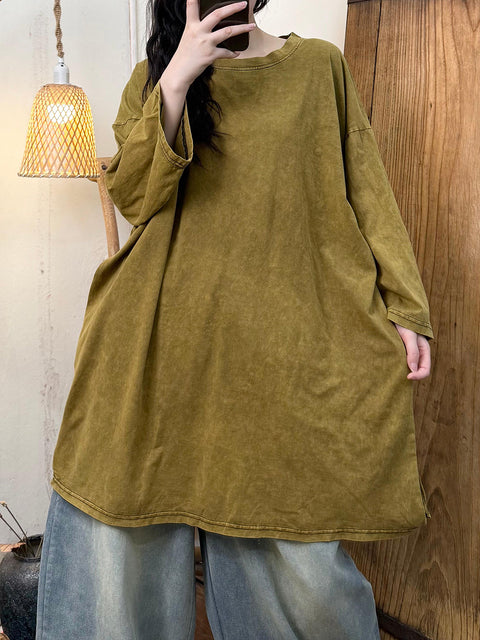 Women Spring Retro Pure Color Cotton O-Neck Shirt