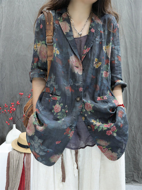 Women Summer Vintage Flower Lapel 100%Ramie Shirt