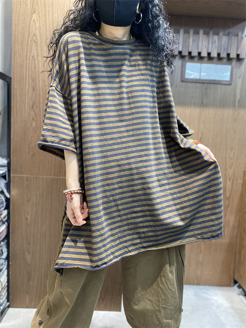 Women Summer Artsy Stripe O-Neck Cotton Loose Shirt