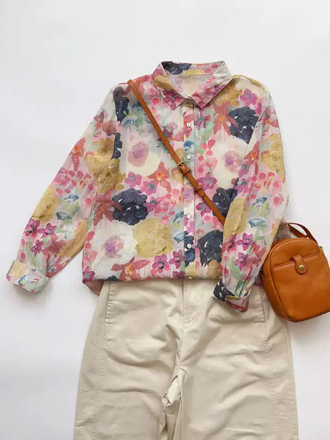 Camisa de mujer de 100 % ramio con cuello vuelto y flores de primavera