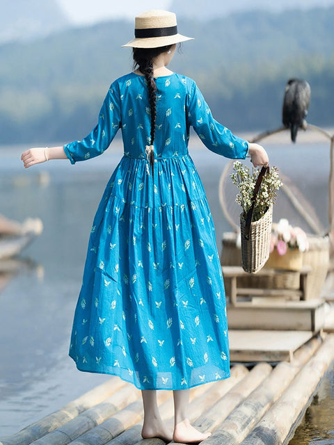 Vestido suelto de algodón 100 % con cuello redondo y flores de primavera para mujer