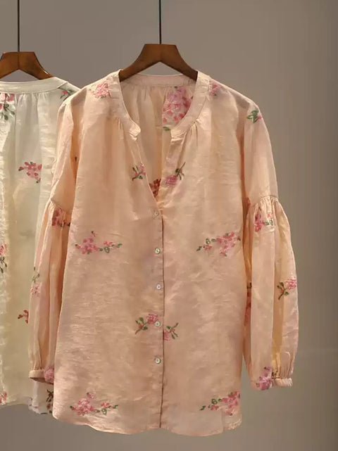 Camisa de mujer de primavera con escote en V y flores artísticas 100 % ramio