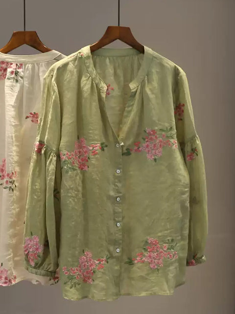 Camisa de mujer de primavera con escote en V y flores artísticas 100 % ramio