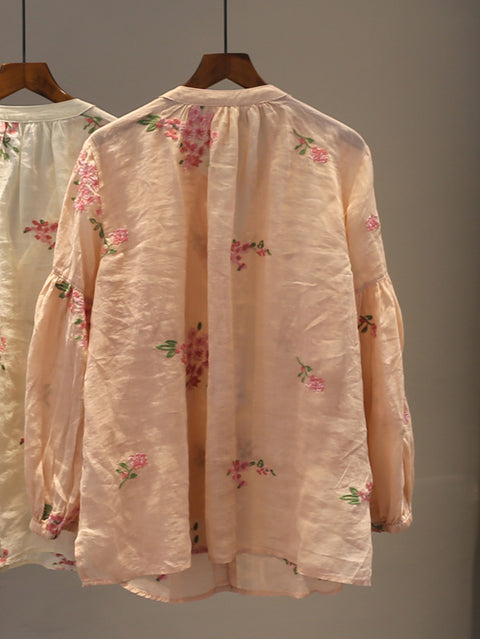 Camisa de mujer de primavera con escote en V y flores artísticas 100 % ramio